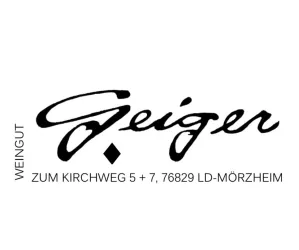 Das Bild zeigt das Logo von Weingut Geiger. Es enthält den Schriftzug und die Adresse des Weinguts in Mörzheim.
