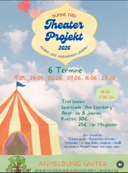 Ein buntes Plakat für ein Theaterprojekt für Kinder in Landau. Es informiert über die Termine, Kosten und Treffpunkte.