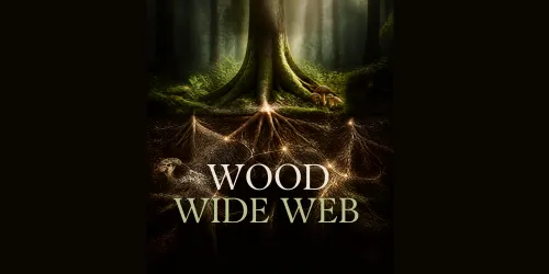 Ein großer Baum im Wald, umgeben von Wurzeln, die sich unter der Erde verbinden. Der Titel "WOOD WIDE WEB" ist prominent in der Mitte des Bildes zu sehen.