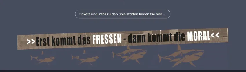 Ein grafisches Design mit dem Schriftzug "Erst kommt das FRESSEN - dann kommt die MORAL". Die Schrift ist stark betont und wird von stilisierten Fischen umgeben.