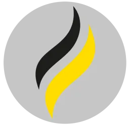 Ein einfaches Logo in einem grauen Kreis. Es zeigt zwei geschwungene Linien in schwarz und gelb.