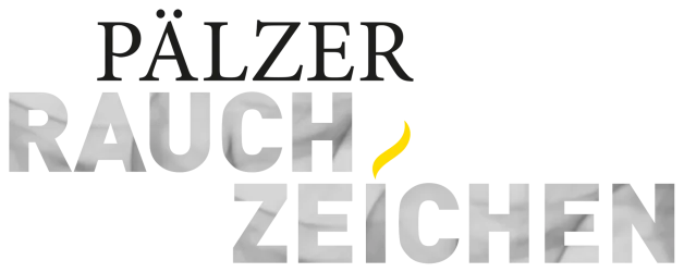 Ein Logo mit dem Text "PÄLZER RAUCH ZEICHEN". Es enthält eine stilisierte Rauchfahne in Gelb.
