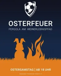 Ein Poster für ein Osterfeuer-Event mit dem Titel "Osterfeuer" und einem Fußball-Symbol. Im Hintergrund sind ein Häschen und Flammen abgebildet.