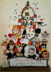 Eine bunte Illustration, die verschiedene Figuren zeigt, darunter ein Löwe und historische Charaktere, vor einem Gebäude. Der Text auf dem Banner feiert "750 Jahre Landau in der Pfalz".