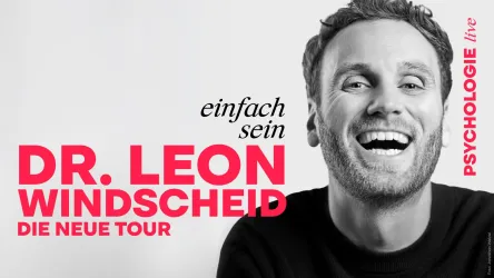 Ein lächelnder Mann mit kurzen Haaren ist zu sehen. Der Text kündigt die neue Tour von Dr. Leon Windscheid an.