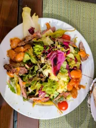 Ein bunter Salat mit frischem Gemüse, Fleischstücken und essbaren Blüten. Die verschiedenen Zutaten verleihen dem Gericht eine ansprechende Optik.