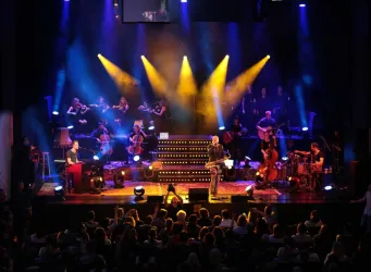 Ein Live-Konzert mit einer Band auf der Bühne. Das Publikum genießt die Show unter bunten Lichtern und Nebel.
