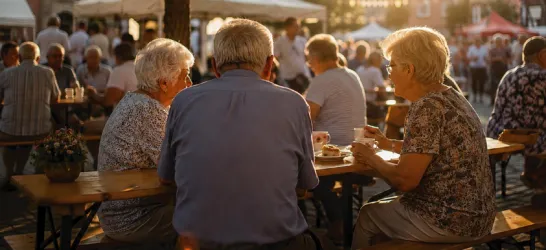 Eine Gruppe älterer Menschen sitzt an einem Tisch im Freien. Die Atmosphäre ist lebhaft, mit vielen Menschen und festlicher Beleuchtung im Hintergrund.