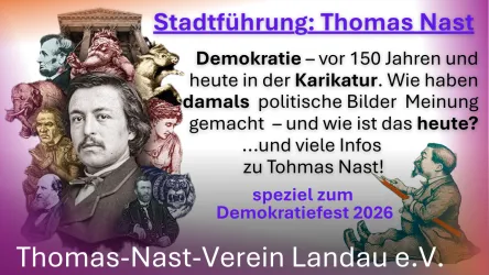 Eine bunte Grafik mit historischen Karikaturen und Porträts, die sich auf Thomas Nast und die Demokratie beziehen. Sie enthält Informationen über eine Stadtführung und das Demokratiefest 2026.