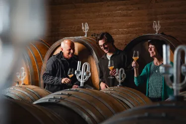 Drei Personen stehen zwischen Weinfässern und halten Gläser. Sie wirken fröhlich und genießen die Weinprobe in einer rustikalen Umgebung.