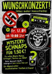 Das Bild zeigt ein Plakat für ein Wunschkonzert in einer Bar. Es enthält Informationen über die Veranstaltung, Musikrichtungen und spezielle Angebote.