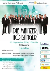 Ein Plakat für ein Konzert der Mainzer Hofsänger. Es zeigt die Künstler in formeller Kleidung und enthält Informationen zu Datum, Uhrzeit und Veranstaltungsort.