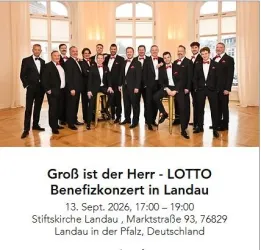 Eine Gruppe von Männern in Anzügen und Fliegen posiert in einem hellerleuchteten Raum. Sie scheinen sich auf ein Benefizkonzert in Landau vorzubereiten.