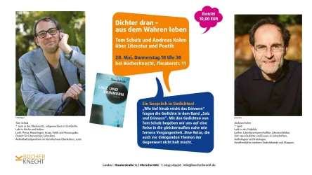 Zwei Männer stehen in einem literarischen Kontext. Auf der linken Seite ist ein Foto von einem Mann in einem blauen Hemd, auf der rechten Seite ein anderer Mann mit Brille.