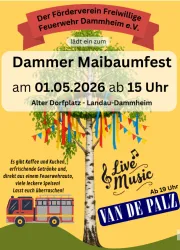 Ein Plakat für das Dammer Maibaumfest am 01.05.2026. Es zeigt einen bunten Baum, Musik und Hinweise auf Kaffee, Kuchen und Livemusik.