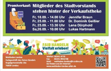 Ein Plakat für einen Promiverkauf mit Terminen und Namen der teilnehmenden Personen. Das Event findet in Weltladen Landau statt und fördert faires Handeln.