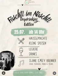 Ein Veranstaltungsplakat für ein Daydrinking-Event mit Informationen zu Datum und Uhrzeit. Es zeigt hausgemachte kleine Speisen, leckere Drinks und DJane Emily Brenner, die Musik spielt.