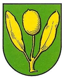 Ein Wappen mit einem blauen Hintergrund. Es zeigt zwei goldene Lilien und eine silberne Kreuzung auf einem gelben Schild.