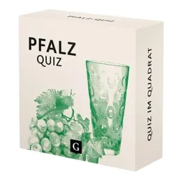 Eine Verpackung für ein Quizspiel mit dem Titel "PFALZ QUIZ". Auf der Box sind Trauben und ein Trinkglas abgebildet.