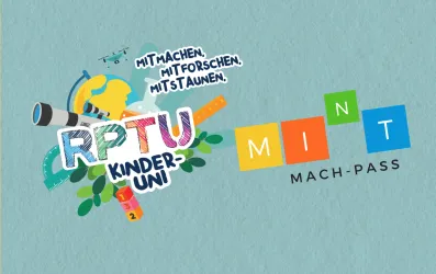 Ein bunter Entwurf für die RPTU Kinder-Universität mit dem Slogan „Mitmachen, Mitforschen, Mitstaunen“. Das Bild enthält auch den MINT-Mach-Pass.