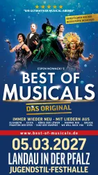 Ein bunter Werbeflyer für das Musical "Best of Musicals". Er enthält Informationen zu beliebten Shows und einem bevorstehenden Veranstaltungsdatum.