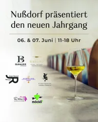 Ein elegantes Weinglas mit einem hellen Getränk steht auf einem Tisch. Im Hintergrund sind gemütliche Sitzgelegenheiten und eine Ankündigung für eine Weinpräsentation zu sehen.