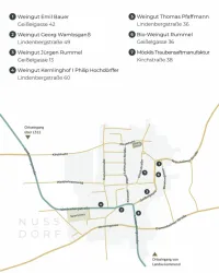 Eine Karte von Nussdorf mit verschiedenen Weingütern und ihren Adressen. Die Straßen und Wege sind klar eingezeichnet.