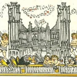 Eine bunte Zeichnung mit einer großen Orgel im Hintergrund. Es sind fröhliche Menschen und Engel, die Musik genießen und feiern.