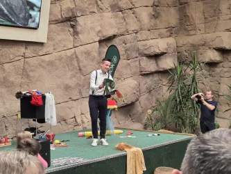 Ein Künstler steht auf einer Bühne und führt eine Show auf. Im Hintergrund sind Pflanzen und eine steinige Wand zu sehen.
