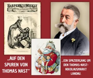 Eine Collage zeigt eine historische Illustration und ein Porträt eines älteren Mannes mit Bart. Der Text verweist auf eine Veranstaltung namens "Thomas Nast Nikolausmarkt" in Landau.