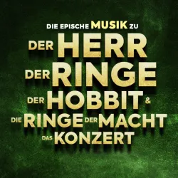 Eine Ankündigung für ein Konzert mit epischer Musik aus "Der Herr der Ringe", "Der Hobbit" und "Die Ringe der Macht". Der Hintergrund ist in einem tiefen Grün gehalten.