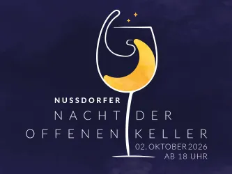 Eine stilisierte Glaskelter mit einem Mondsymbol und funkelnden Sternen. Textankündigung für die "Nusdorfer Nacht der offenen Keller" am 2. Oktober 2026.