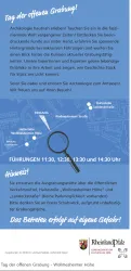 Ein Flyer für den "Tag der offenen Grabung" zeigt Informationen über archäologische Führungen und Veranstaltungen. Enthalten sind Hinweise zu Erreichbarkeit und Zeiten für Führungen.
