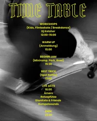 Ein Zeitplan für eine Veranstaltung mit Workshops und Live-Acts. Die Aktivitäten umfassen Skaten, Breakdance und verschiedene Musikdarbietungen.