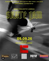 Eine Veranstaltung mit dem Titel "Skate Jam" in Landau. Es werden Wettbewerbe, Live-Acts und Essen angeboten.