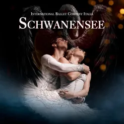Ein Tanzpaar in eleganter Pose, umgeben von schwänenartigen Motiven. Der Hintergrund vermittelt eine dramatische Atmosphäre, die für das Stück "Schwanensee" steht.