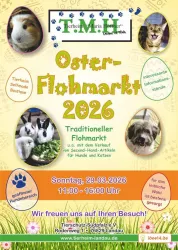 Ein bunten Flyer für einen Oster-Flohmarkt 2026. Er zeigt verschiedene Tiere und Informationen zum Event, das am 29. März von 11:00 bis 16:00 Uhr stattfindet.