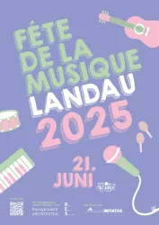 Ein bunter Poster für die Fête de la Musique in Landau 2025. Das Datum ist der 21. Juni, umgeben von Musik-Icons.