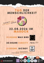 Das Bild zeigt ein Plakat für ein Wunschkonzert in einer Bar. Es enthält Informationen über die Veranstaltung, Musikrichtungen und spezielle Angebote.