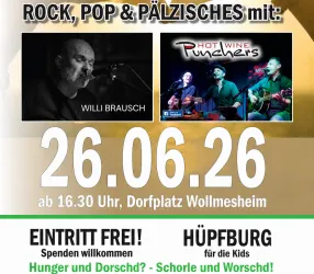 Ein Flyer für ein Musikereignis mit den Künstlern Willi Brausch und den Hot Wine Punchers. Das Event findet am 26. Juni 2026 in Wollmesheim statt und der Eintritt ist frei.
