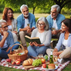 Eine Gruppe von sechs Personen sitzt im Freien und genießt ein Picknick. Eine Frau liest aus einem Buch vor, während andere aufmerksam zuhören.