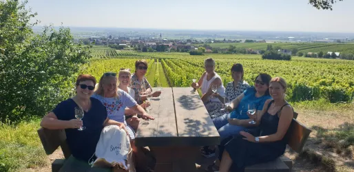 Eine Gruppe von Frauen sitzt an einem großen Tisch inmitten von Weinbergen. Im Hintergrund erstreckt sich eine malerische Landschaft unter einem klaren Himmel.