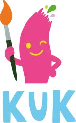 Ein fröhlicher, pinkfarbener Pinsel mit einem Pinsel in der Hand lächelt. Der Schriftzug "KUK" in blauer Farbe steht darunter.