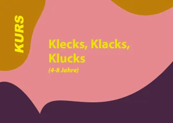 Ein bunter Kurs mit dem Titel "Klecks, Klacks, Klucks" für Kinder im Alter von 4 bis 8 Jahren. Das Design zeigt fließende Formen in verschiedenen Farben.