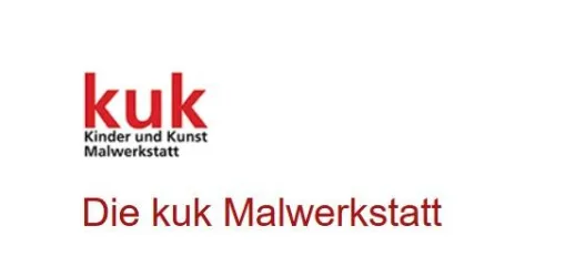 Ein Logo der kuk Malwerkstatt, das "Kinder und Kunst" repräsentiert. Es enthält einen modernen Schriftzug in Rot.
