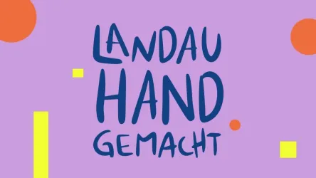 Ein bunter Hintergrund mit dem Text "LANDAU HAND GEMACHT". Die Gestaltung umfasst geometrische Formen in verschiedenen Farben.