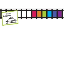 Ein einfaches, grafisches Design mit einer Hülle, die verschiedene Farben enthält. Oben links steht „Haus am Westbahnhof“ mit einer Illustration eines Gebäudes.