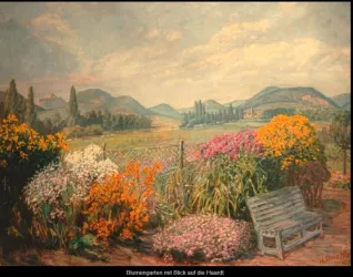 Ein schöner Blumengarten mit bunten Blumen und einer Bank. Im Hintergrund sind sanfte Hügel zu sehen.