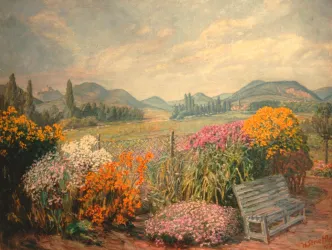 Heinrich Strieffler, Blumengarten mit Blick auf die Haardt. 1942. Öl auf Leinwand. (Quelle: Strieffler Stiftung, Inv. Nr. 415.)
