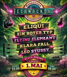 Ein farbenfrohes Eventplakat für eine Musikveranstaltung mit Box-Thema. Es zeigt Informationen zu Künstlern und dem Datum der Veranstaltung.